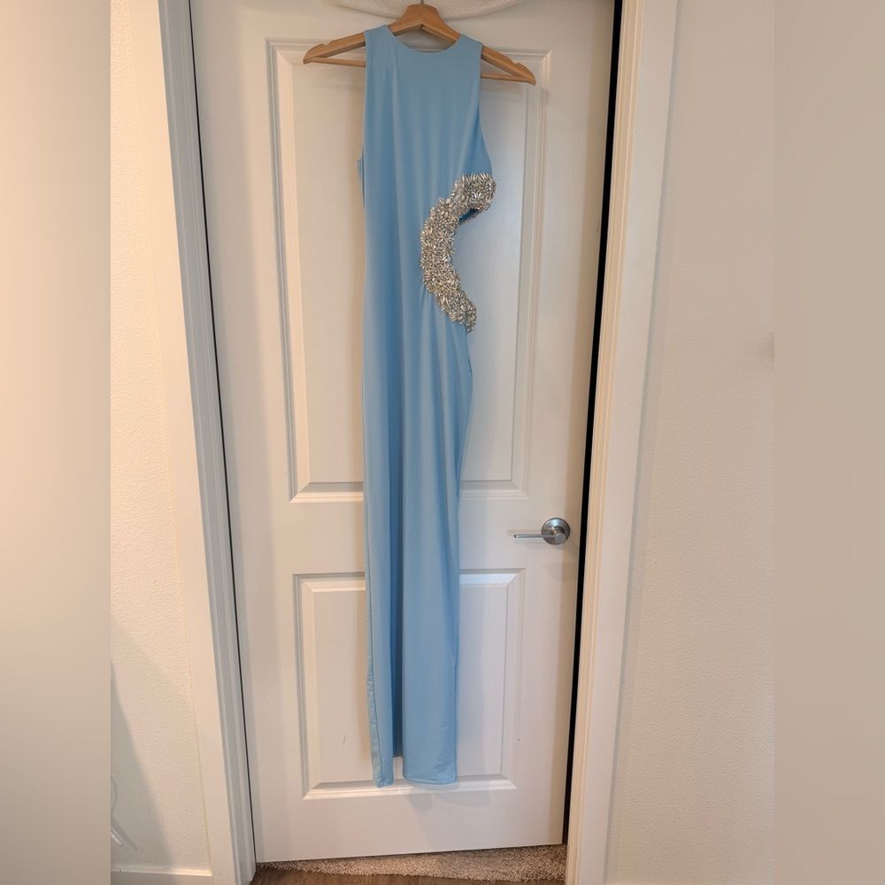 NWOT BRONX AND BANCO Camila Rhinestone Cutout Maxi Dress in powder blue - Picture 3 of 14